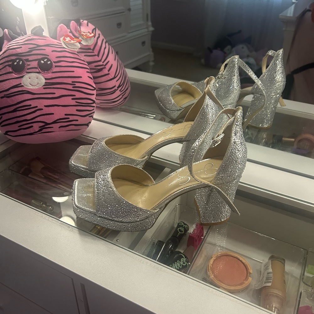 Jessica Simpson Silver Glitter Ankle-Strap Platform Heels